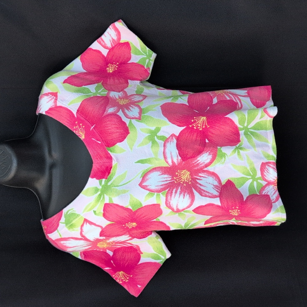 Pink and White Floral Short Sleeve Sweater